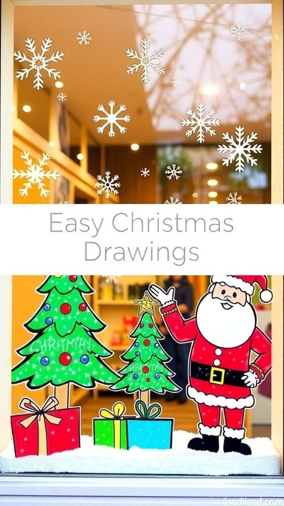 Easy Christmas Window Drawing Ideas A window adorned with simple Christmas drawings like snowflakes and a Christmas tree, creating a festive atmosphere.